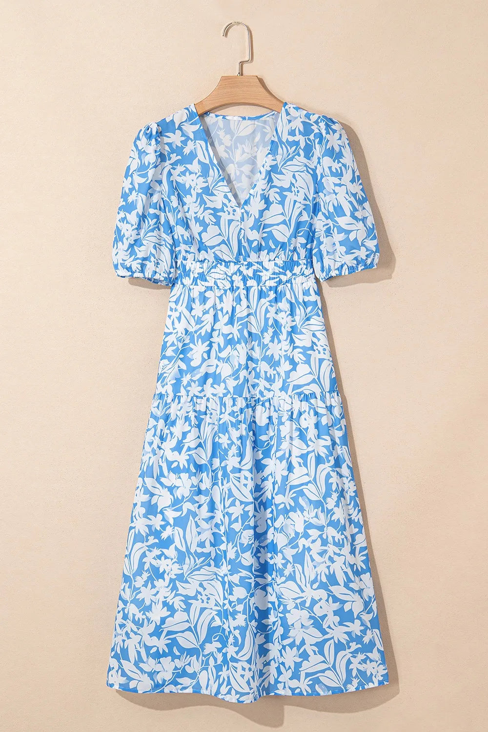 Floral V Neck Puff Short Sleeve Flowy Dress