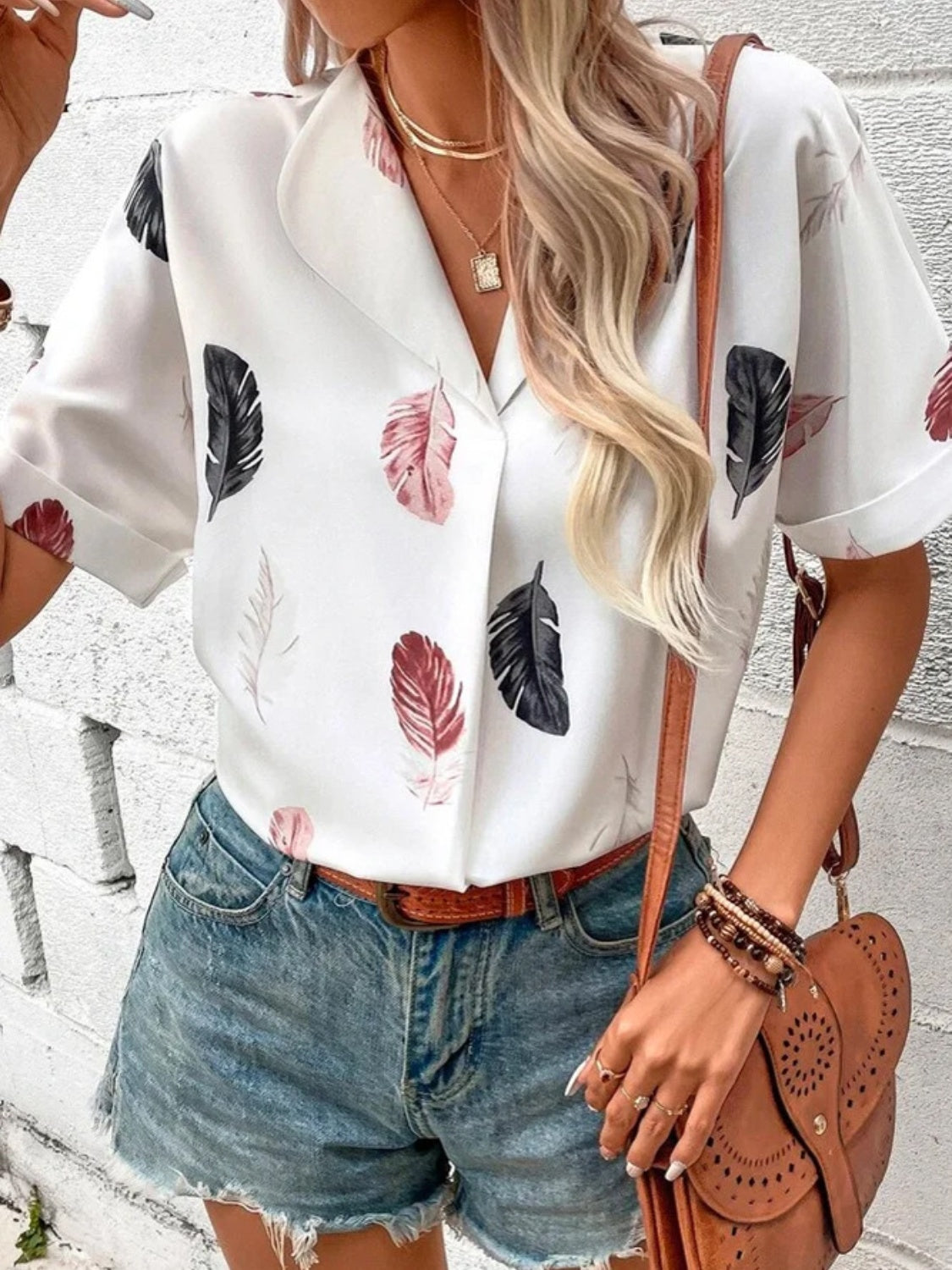 Full Size Printed Collared Neck Short Sleeve Blouse - Clothes For Her Online Store