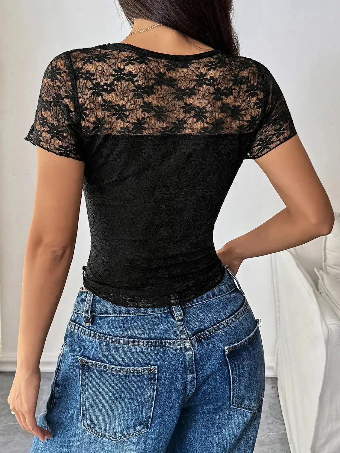 Lace Round Neck Short Sleeve Top - Clothes For Her Online Store