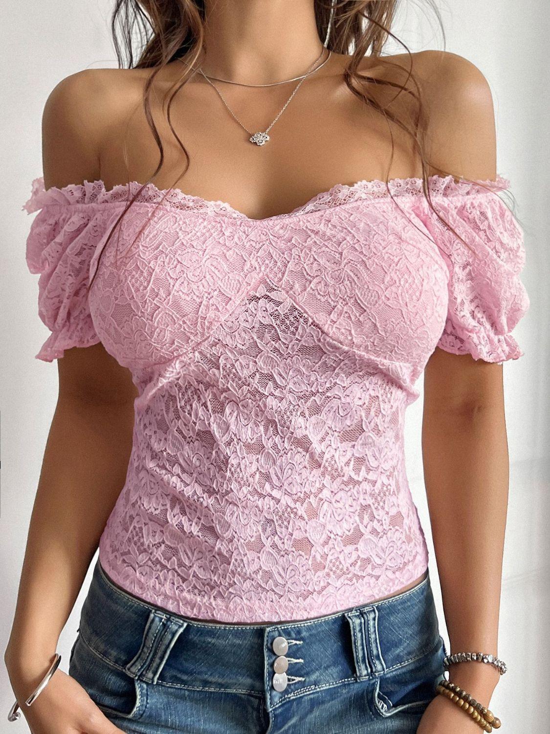 Devine Off-Shoulder Short Sleeve Lace Top - Clothes For Her Online Store