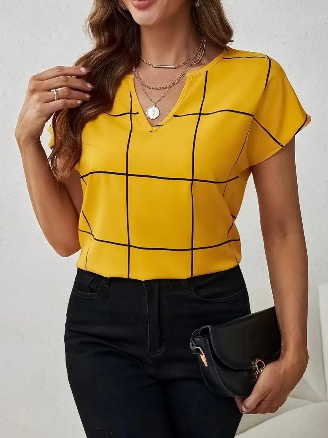 Plaid Contrast Notched Blouse - Clothes For Her Online Store