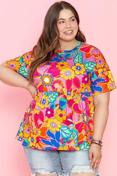 Plus Size Printed Round Neck Short Sleeve Top - Clothes For Her Online Store