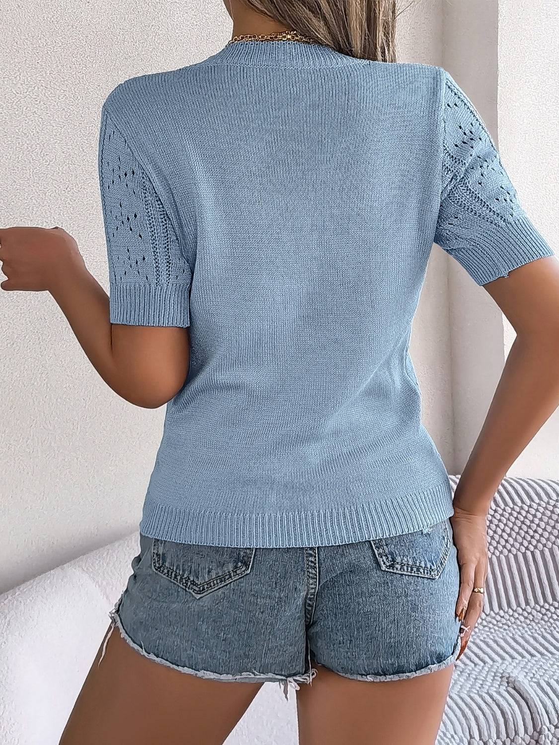 Openwork Round Neck Short Sleeve Knit Top - Clothes For Her Online Store