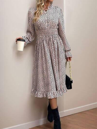 Perfee Ruched Ruffled Leopard Long Sleeve Dress - Clothes For Her Online Store