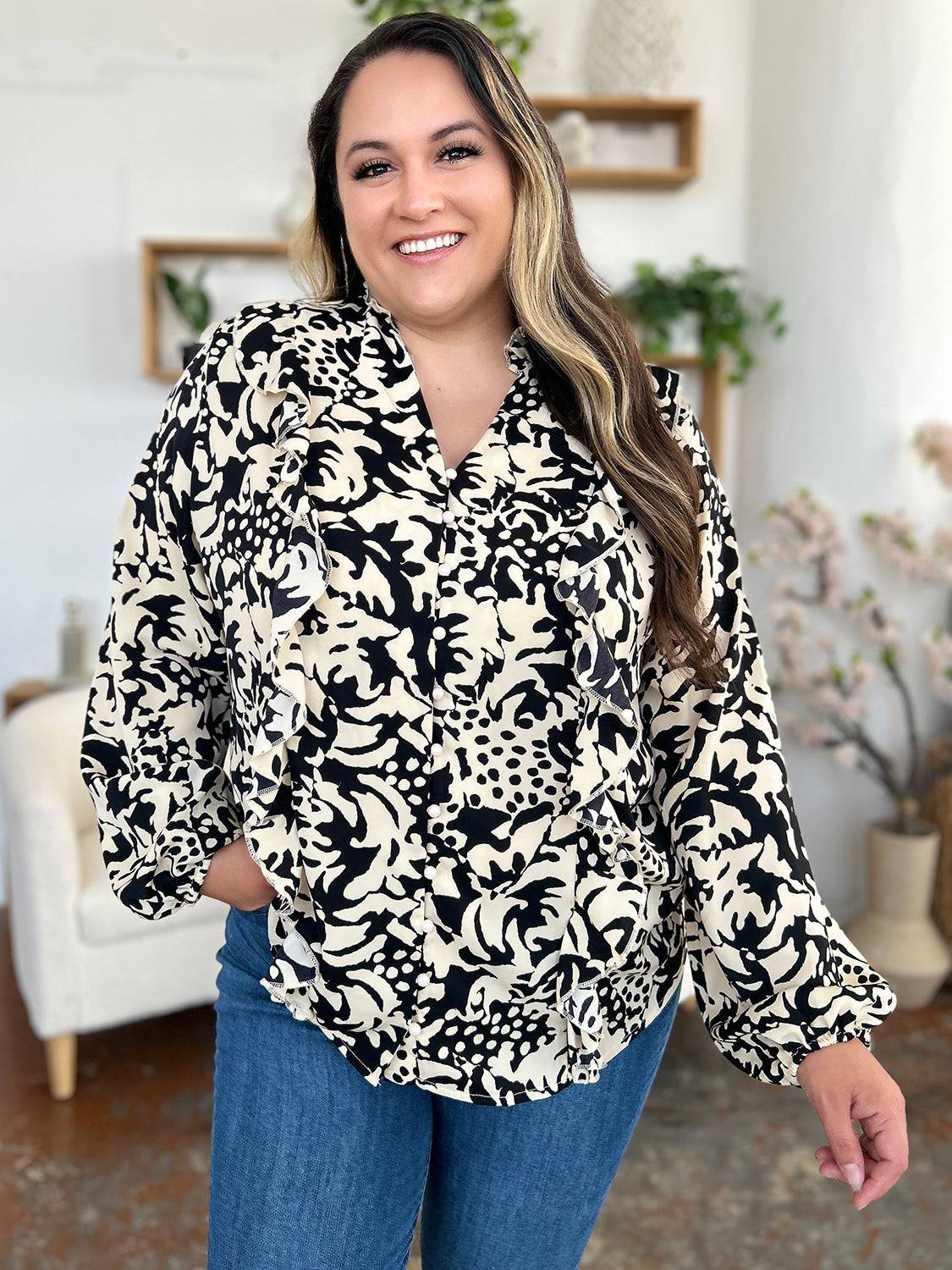 Double Take Full Size Printed Ruffle Trim Balloon Sleeve Shirt - Clothes For Her Online Store