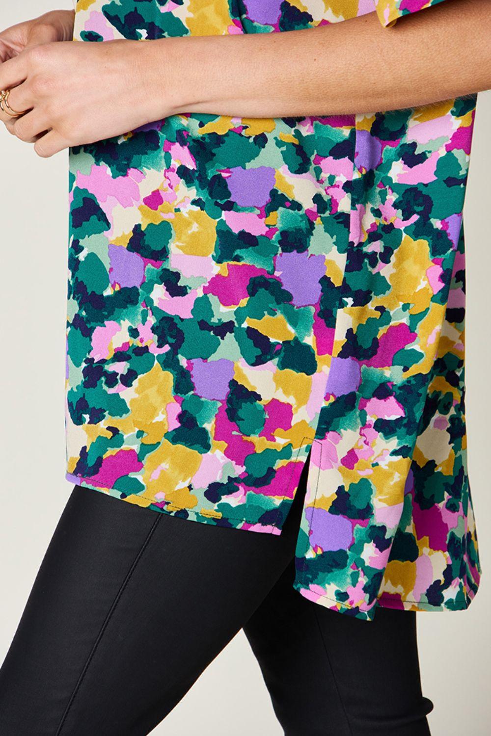 Double Take Full Size Printed V-Neck Short Sleeve Side Slit Top - Clothes For Her Online Store