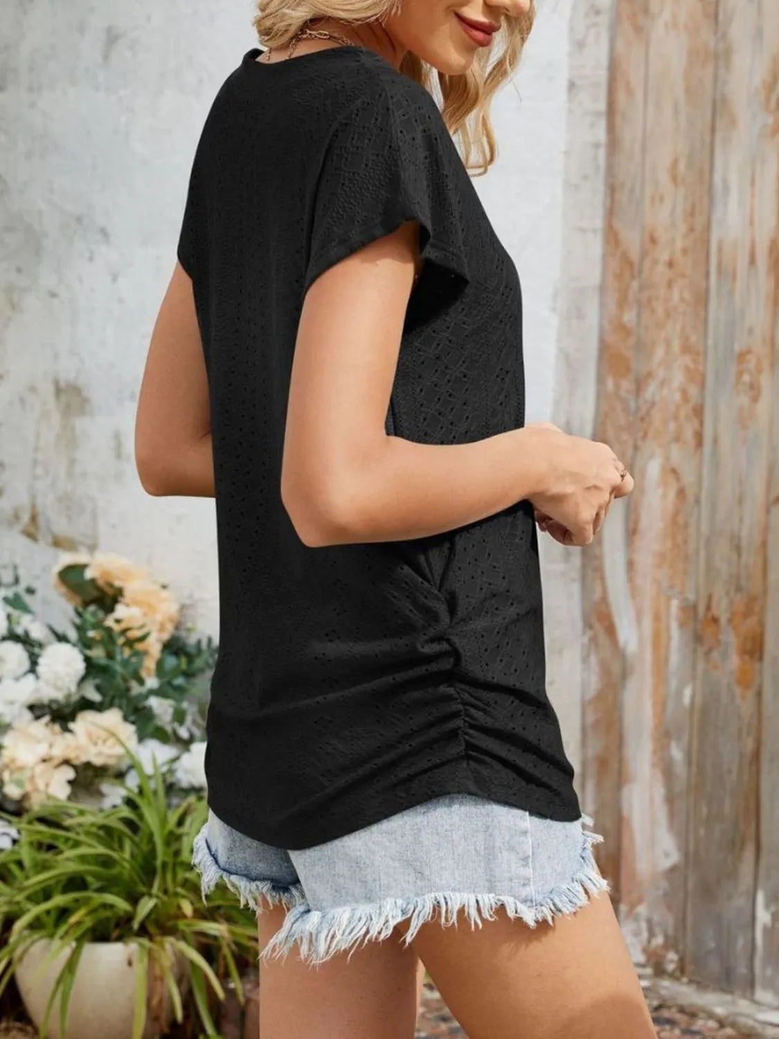 Eyelet V-Neck Short Sleeve Top - Clothes For Her Online Store