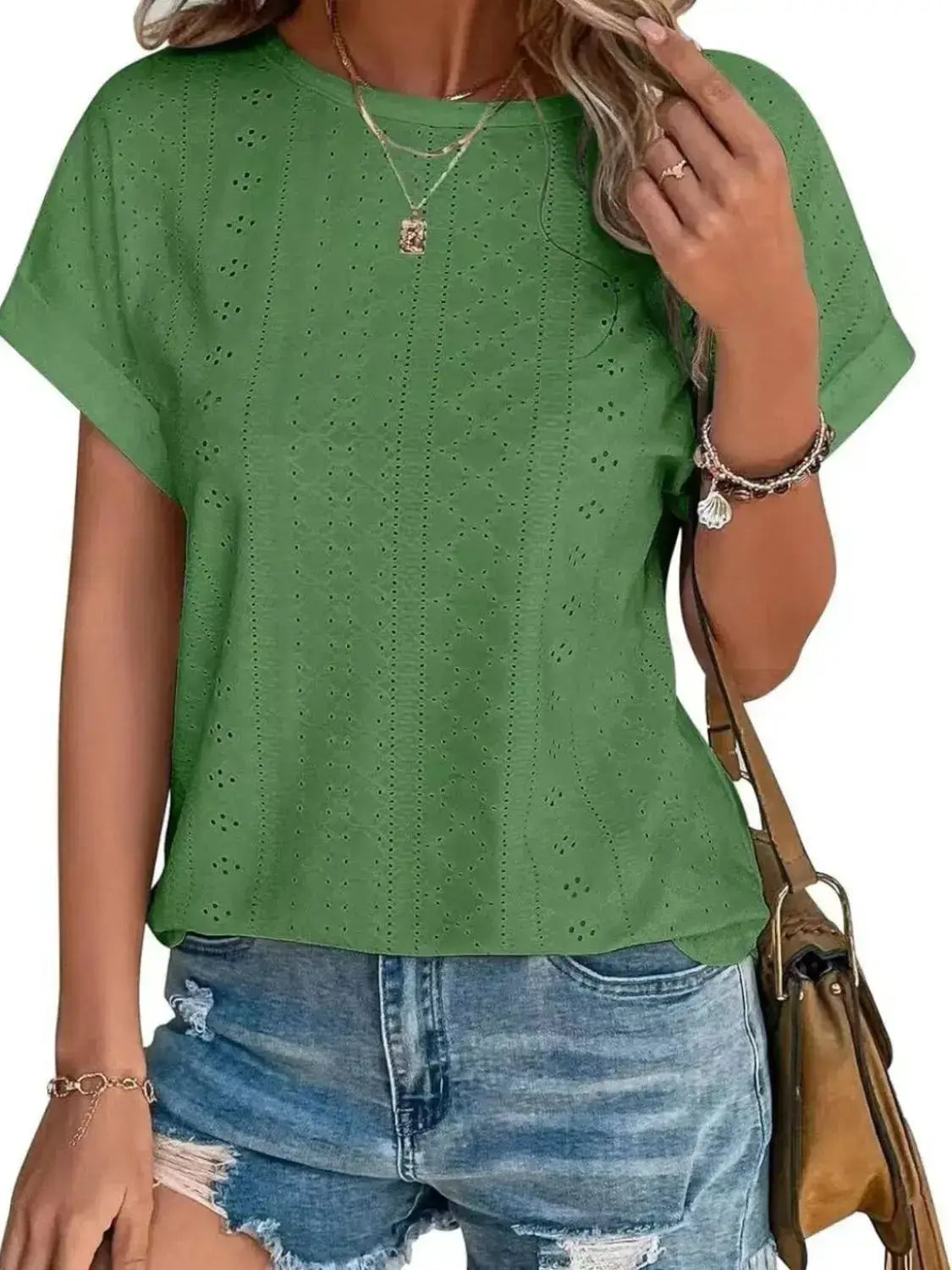 Eyelet Round Neck Short Sleeve Top - Clothes For Her Online Store