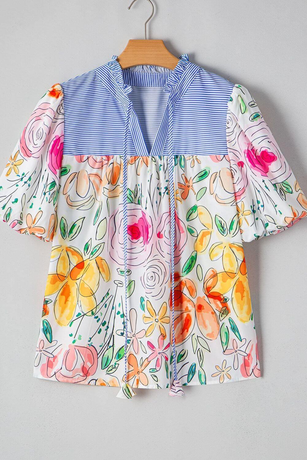 Floral Striped Yoke Frilled Tie Neck Puff Short Sleeve Blouse - Clothes For Her Online Store
