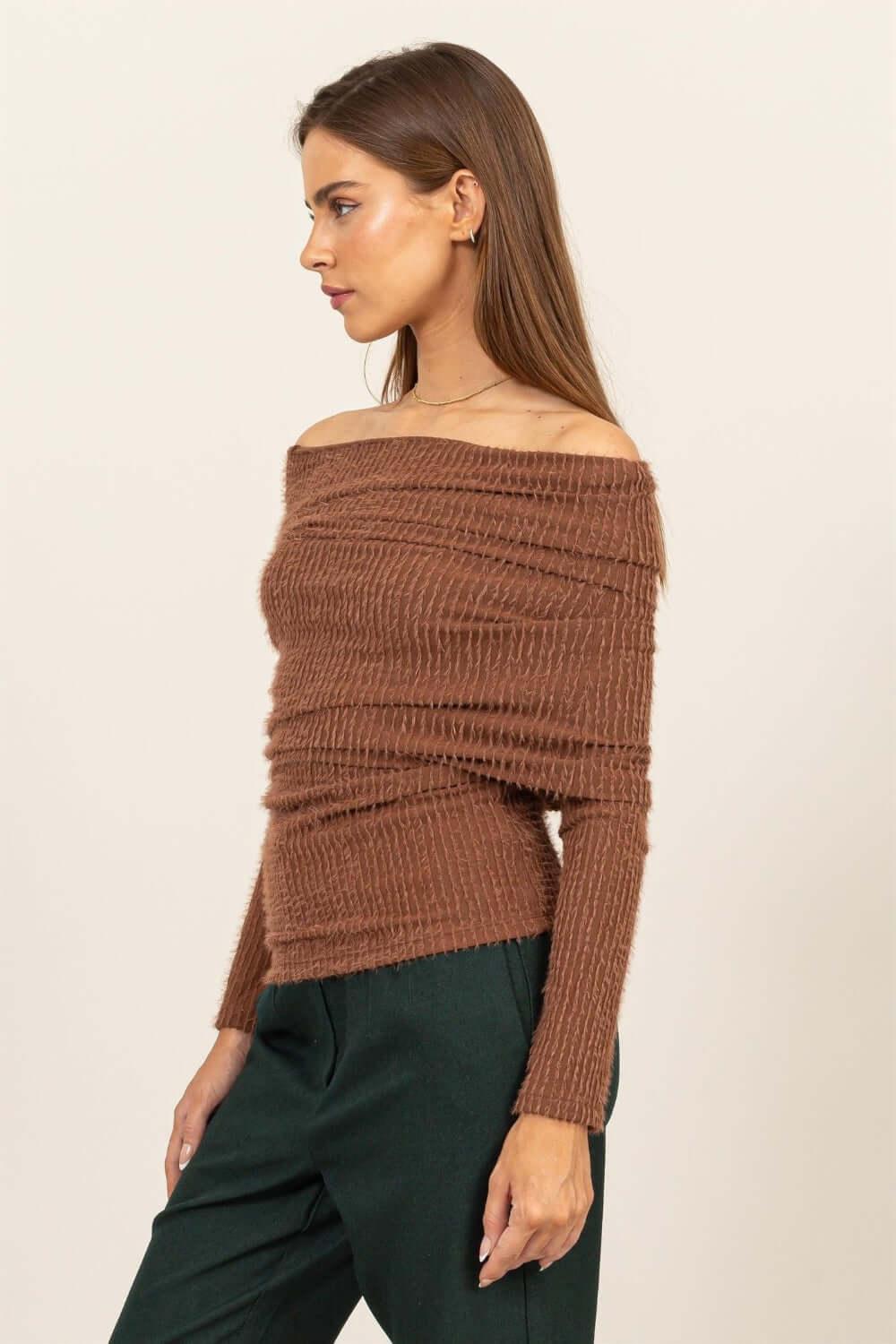 HYFVE Fuzzy Off Shoulder Textured Knit Top - Clothes For Her Online Store