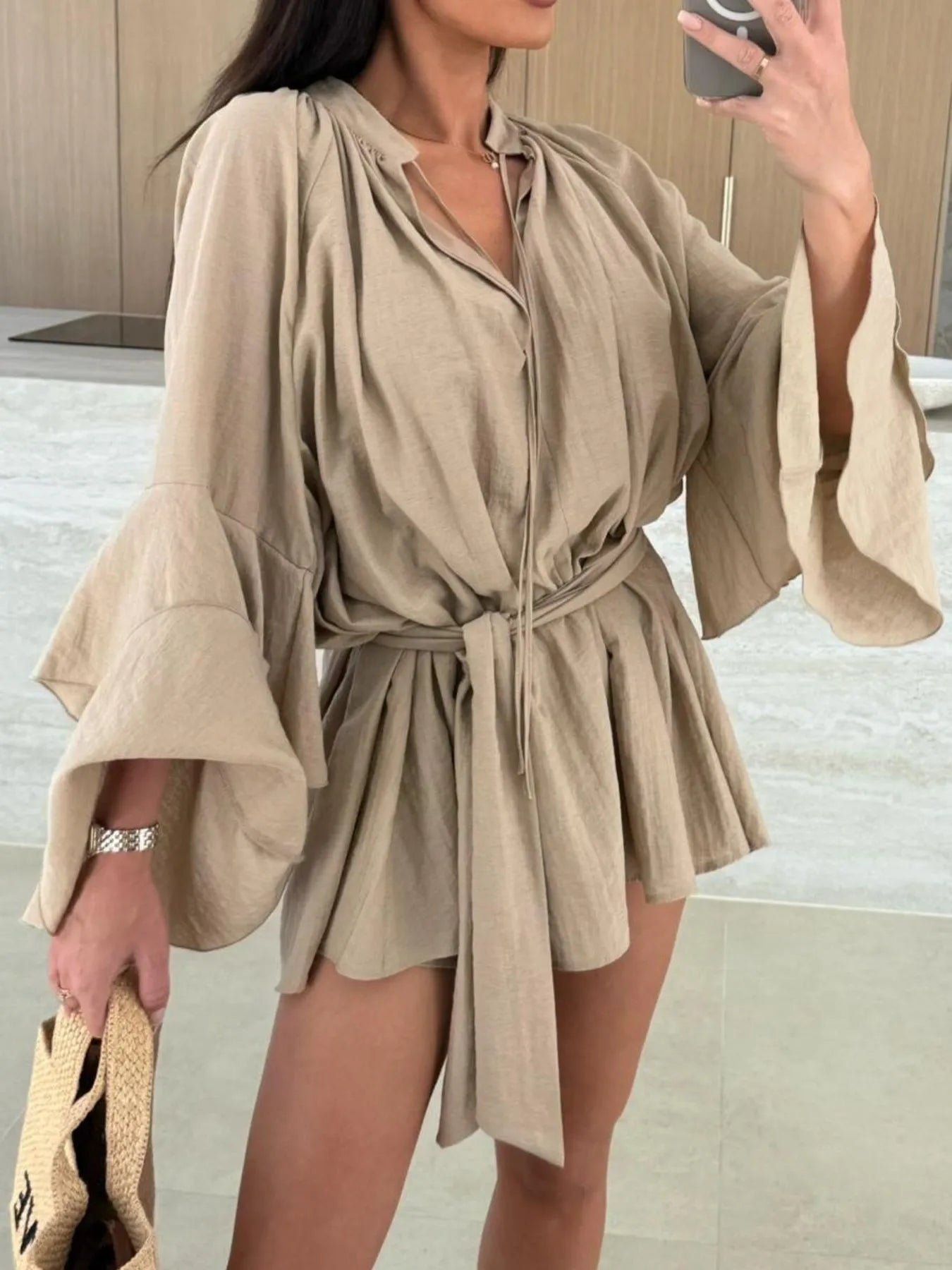 Bell Sleeve Tie Waist Mini Shirt Dress