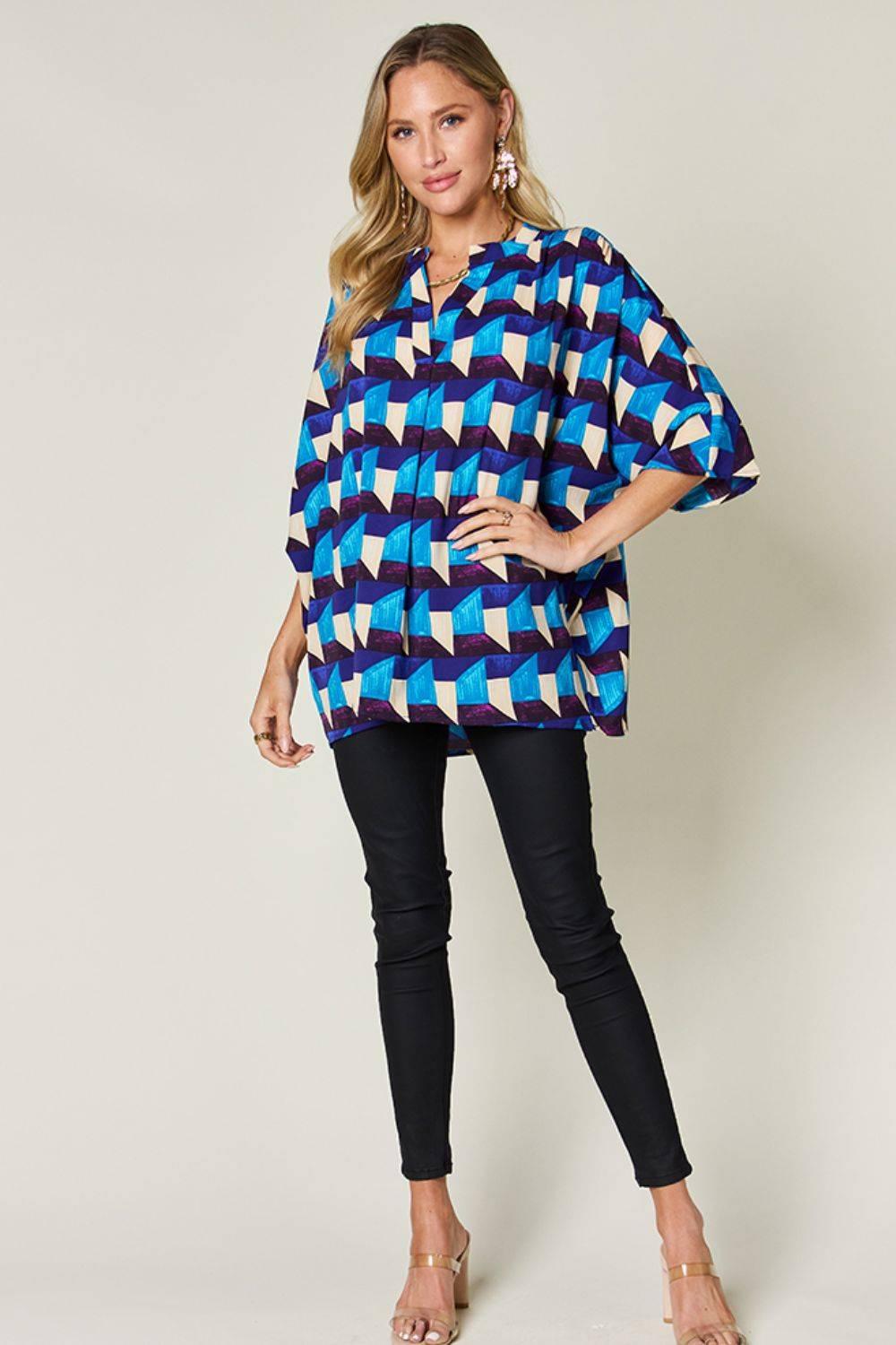 Double Take Full Size Geometric Notched Half Sleeve Blouse - Clothes For Her Online Store