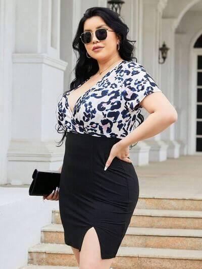 Plus Size Slit Printed Surplice Wrap Dress - Clothes For Her Online Store