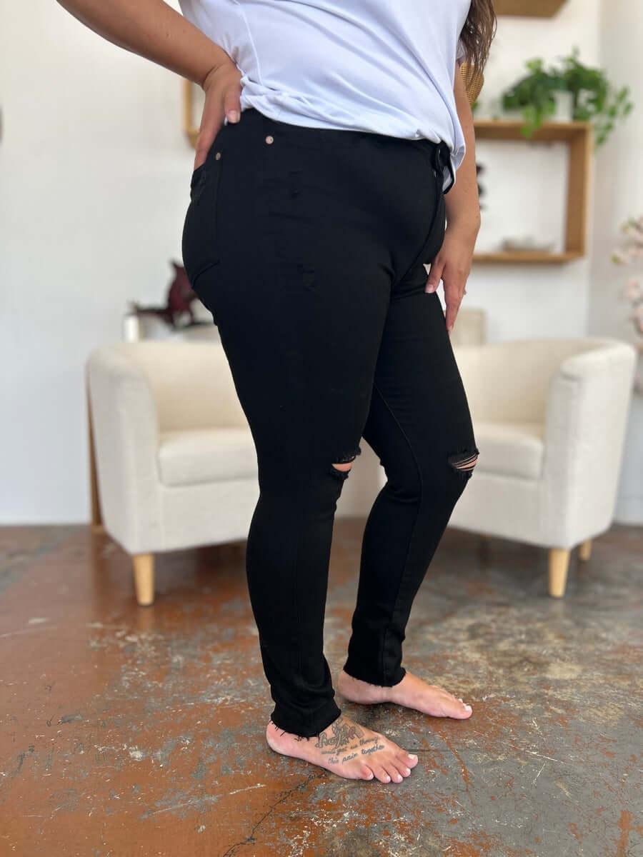 Judy Blue Full Size Distressed Tummy Control High Waist Skinny Jeans - Clothes For Her Online Store
