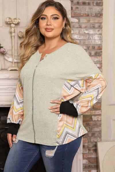 Plus Size Exposed Seam Print Long Sleeve T-Shirt - Clothes For Her Online Store