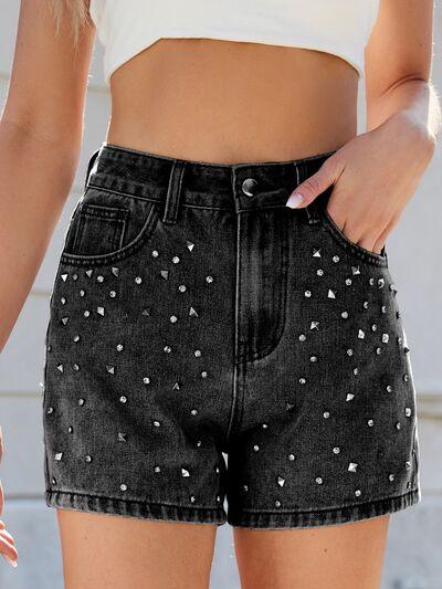 Rhinestone Washed High Waist Denim Shorts - Clothes For Her Online Store