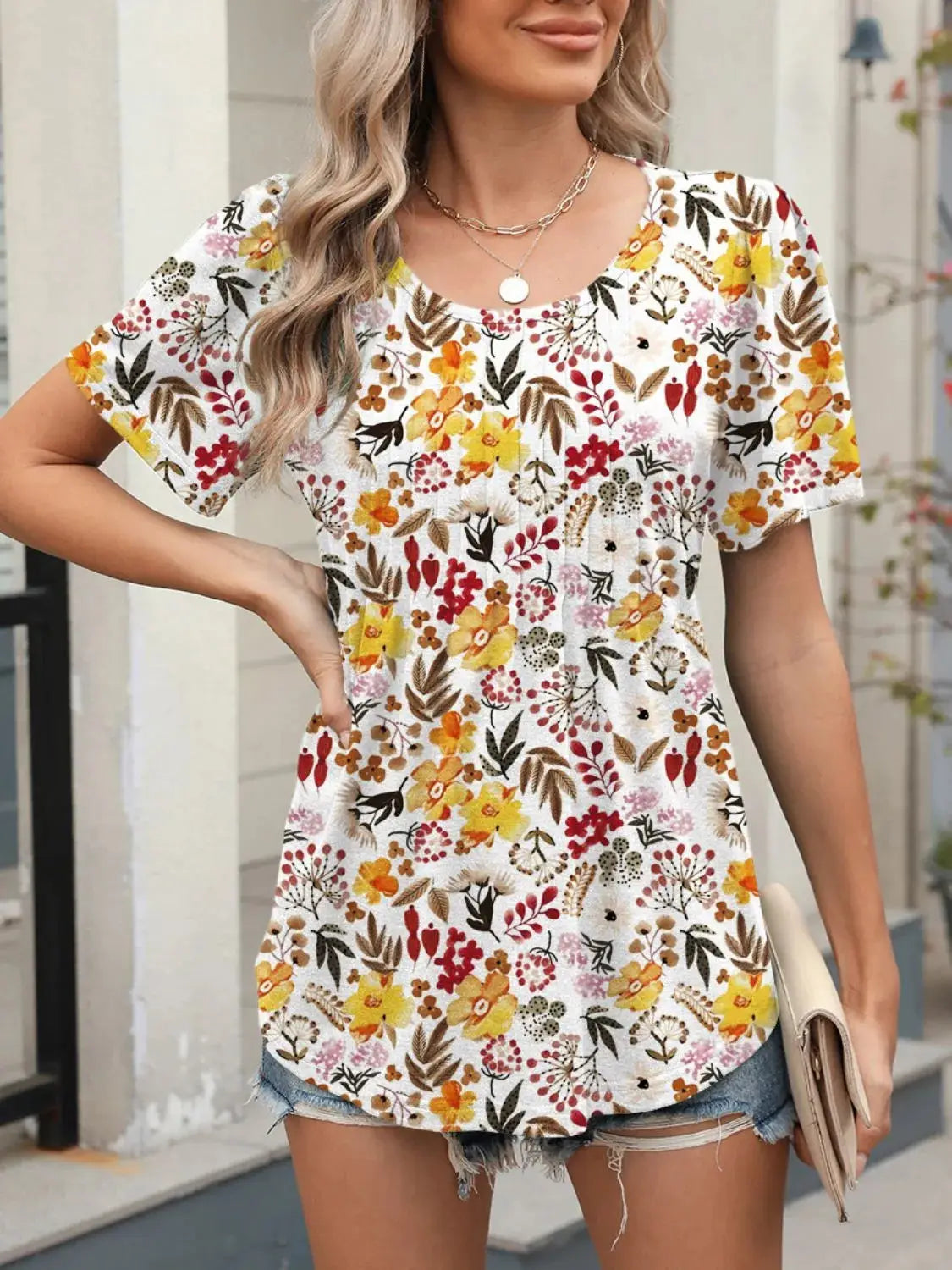 Floral Round Neck Short Sleeve Top - Clothes For Her Online Store