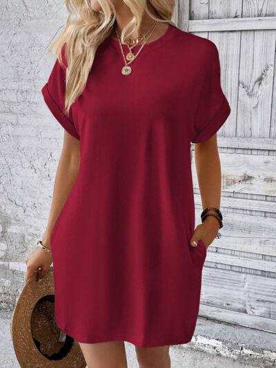 Round Neck Short Sleeve Mini Tee Dress with Pockets - Clothes For Her Online Store