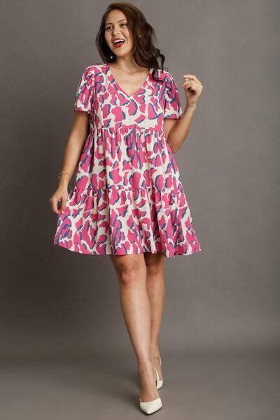 Umgee Full Size Abstract Print Pleat Detail Short Sleeve V-Neck Tiered Dress Plus Size - Clothes For Her Online Store