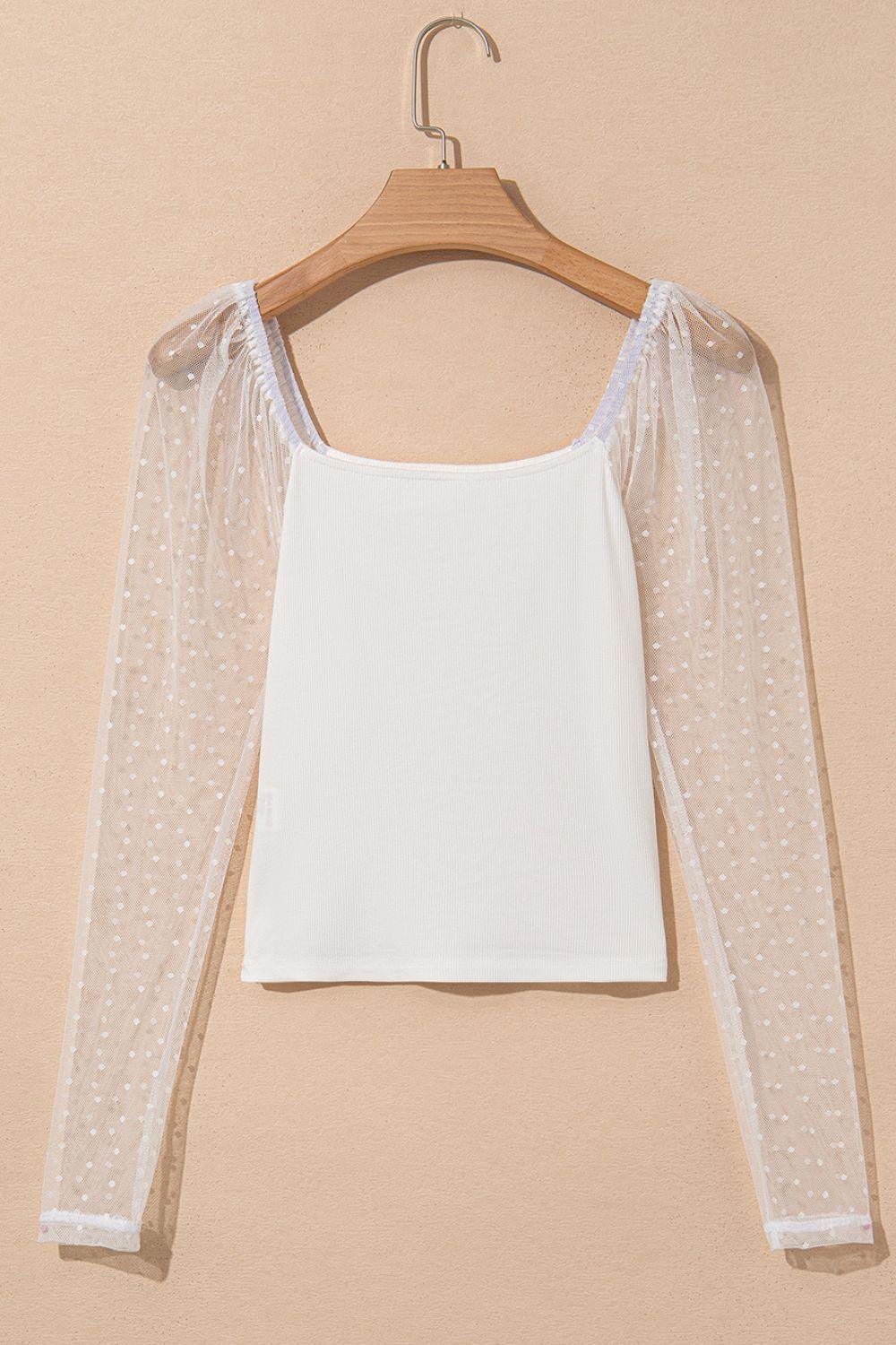 Swiss Dot Mesh Long Sleeve Square Neck Slim Top - Clothes For Her Online Store