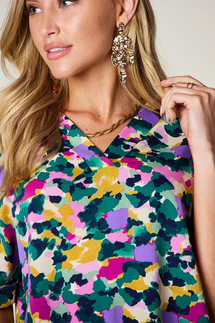 Double Take Full Size Printed V-Neck Short Sleeve Side Slit Top - Clothes For Her Online Store