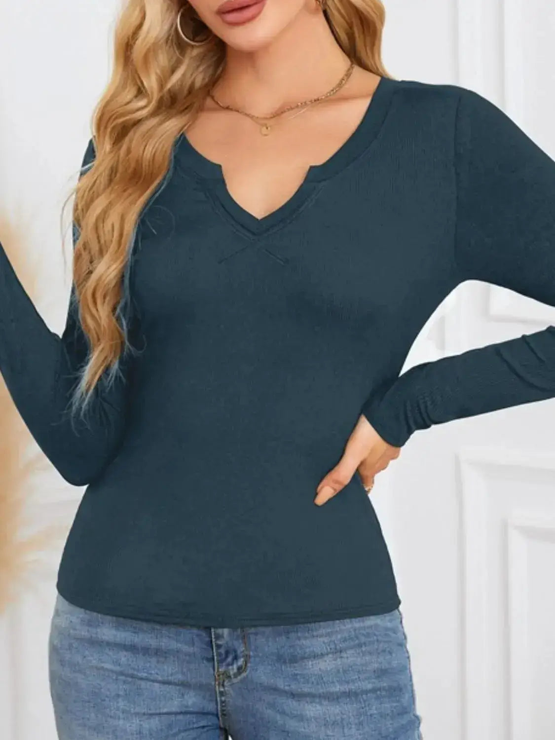 Notched Long Sleeve T-Shirt - Clothes For Her Online Store