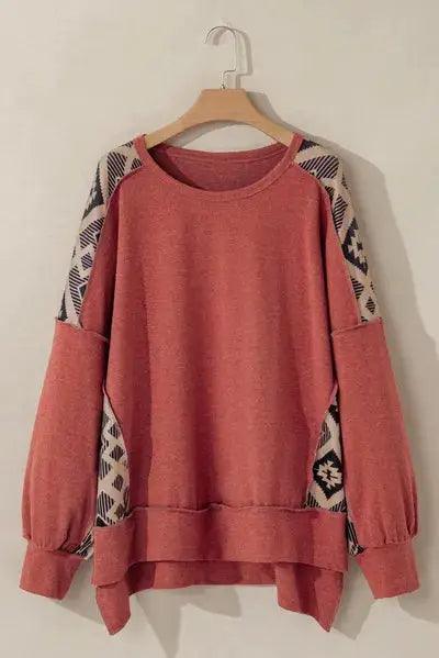 Plus Size Geometric Round Neck Long Sleeve Sweatshirt - Clothes For Her Online Store