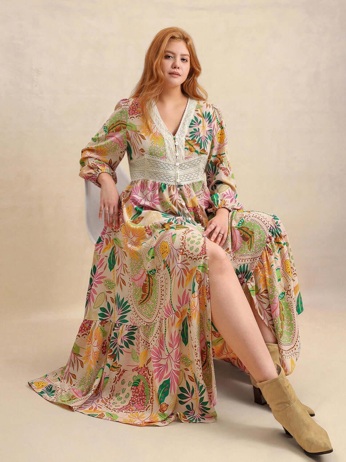 Plus Size Lace Detail Printed V-Neck Balloon Sleeve Dress - Clothes For Her Online Store