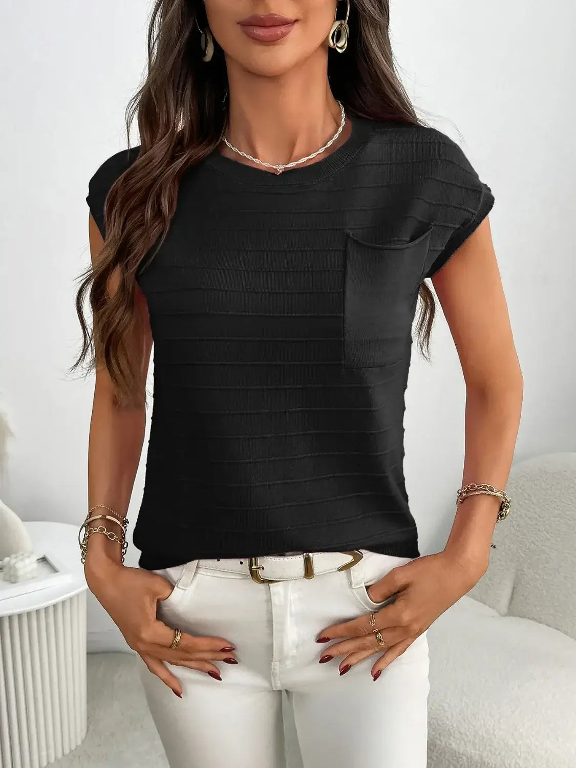 Round Neck Cap Sleeve Knit Top