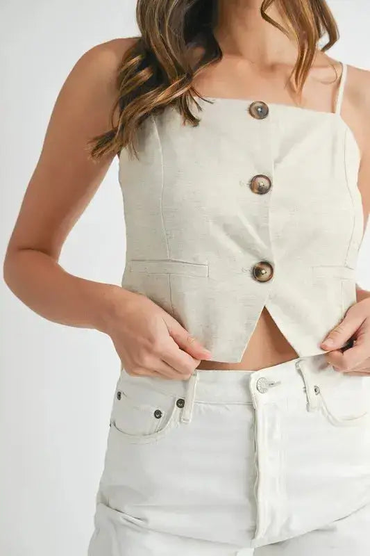 MABLE Linen Mix Button Down Tank Top - Clothes For Her Online Store