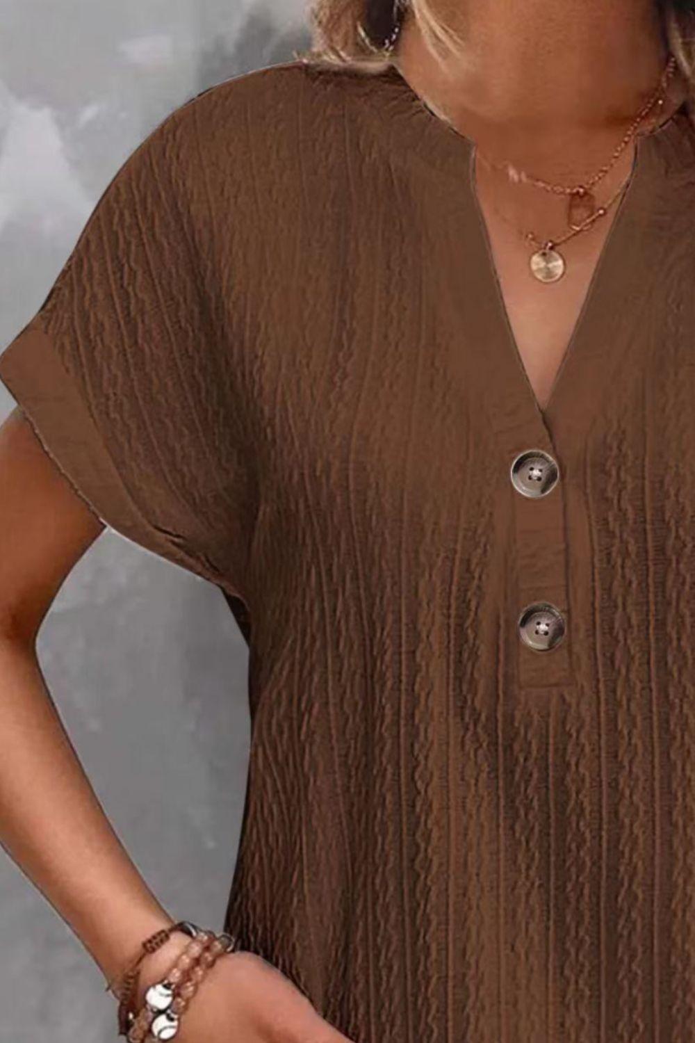Textured Notched Short Sleeve Top - Clothes For Her Online Store
