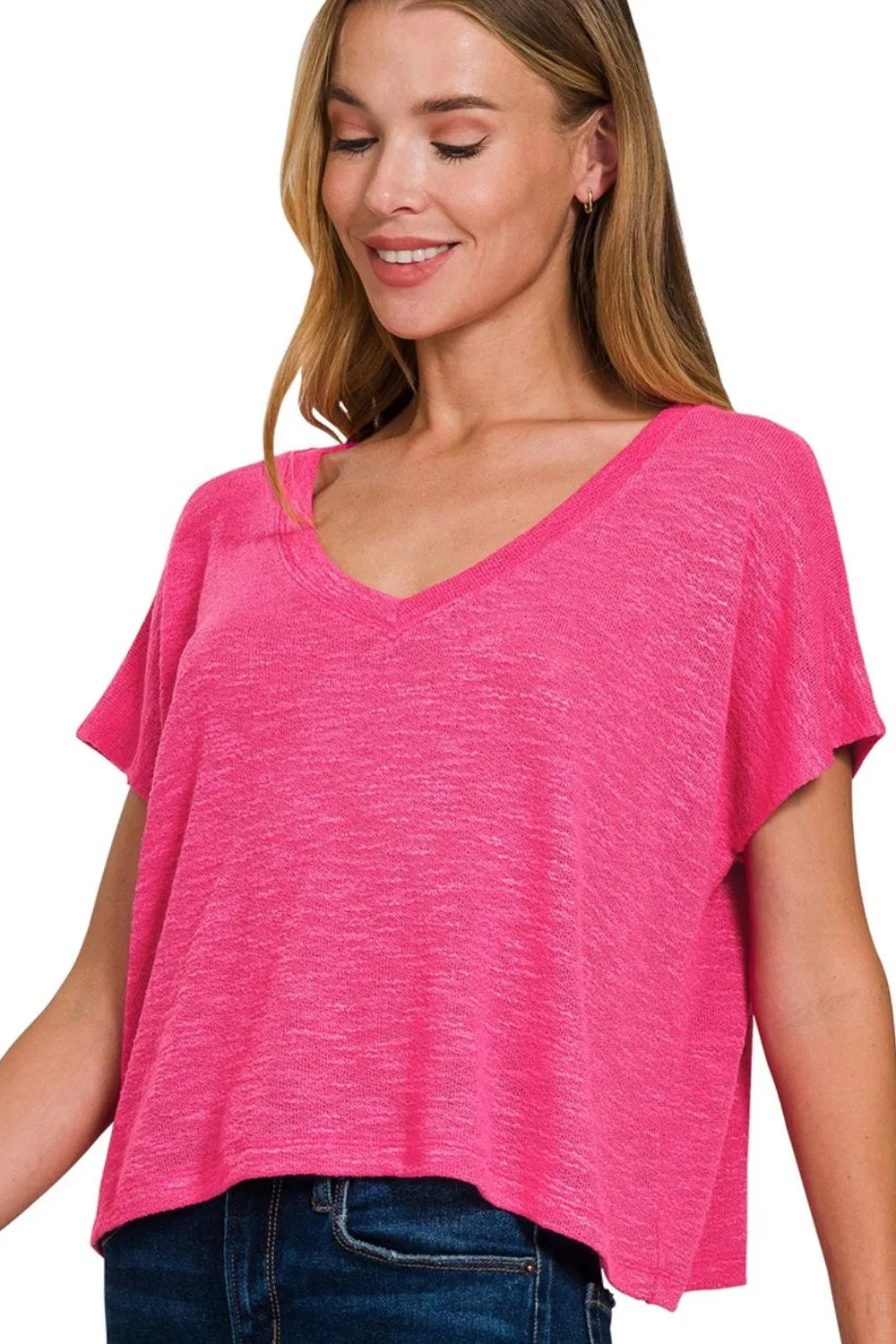 Zenana Hacci Slub V-neck Drop Shoulder Crop Top