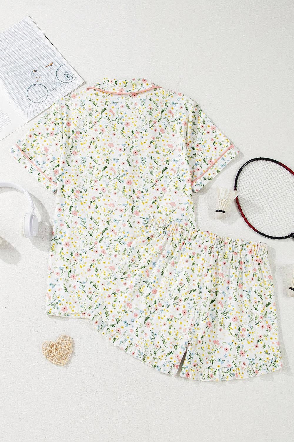 Printed Button Up Short Sleeve Top and Shorts Lounge Set - Clothes For Her Online Store