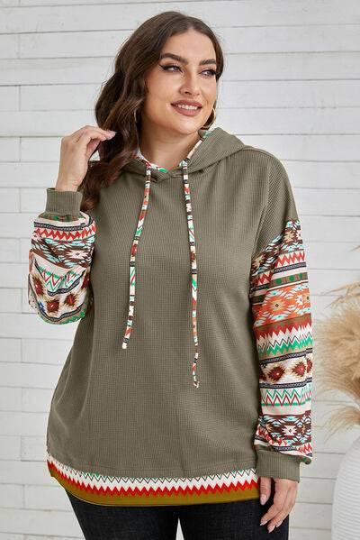 Plus Size Waffle-Knit Geometric Dropped Shoulder Hoodie - Clothes For Her Online Store