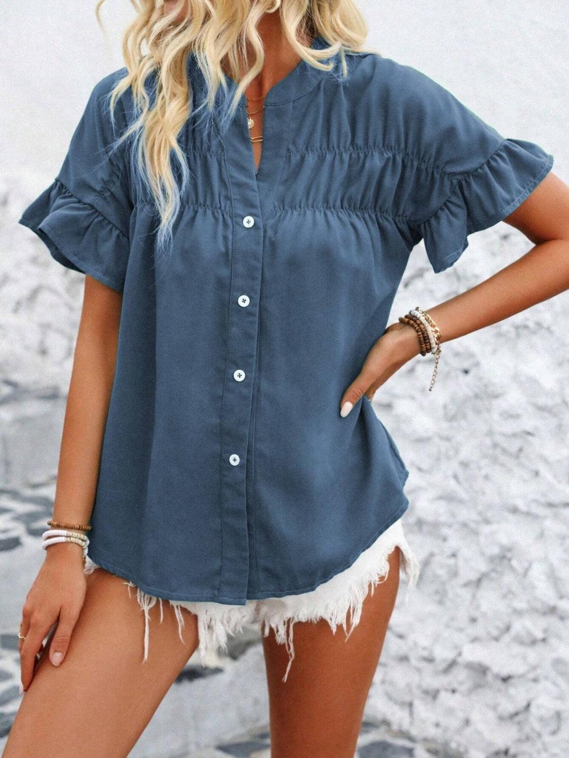 Button Down Ruffled Short Sleeve Shirt - Clothes For Her Online Store