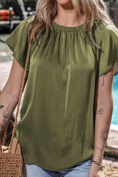 Pleated Flutter Sleeve Satin Top - Clothes For Her Online Store