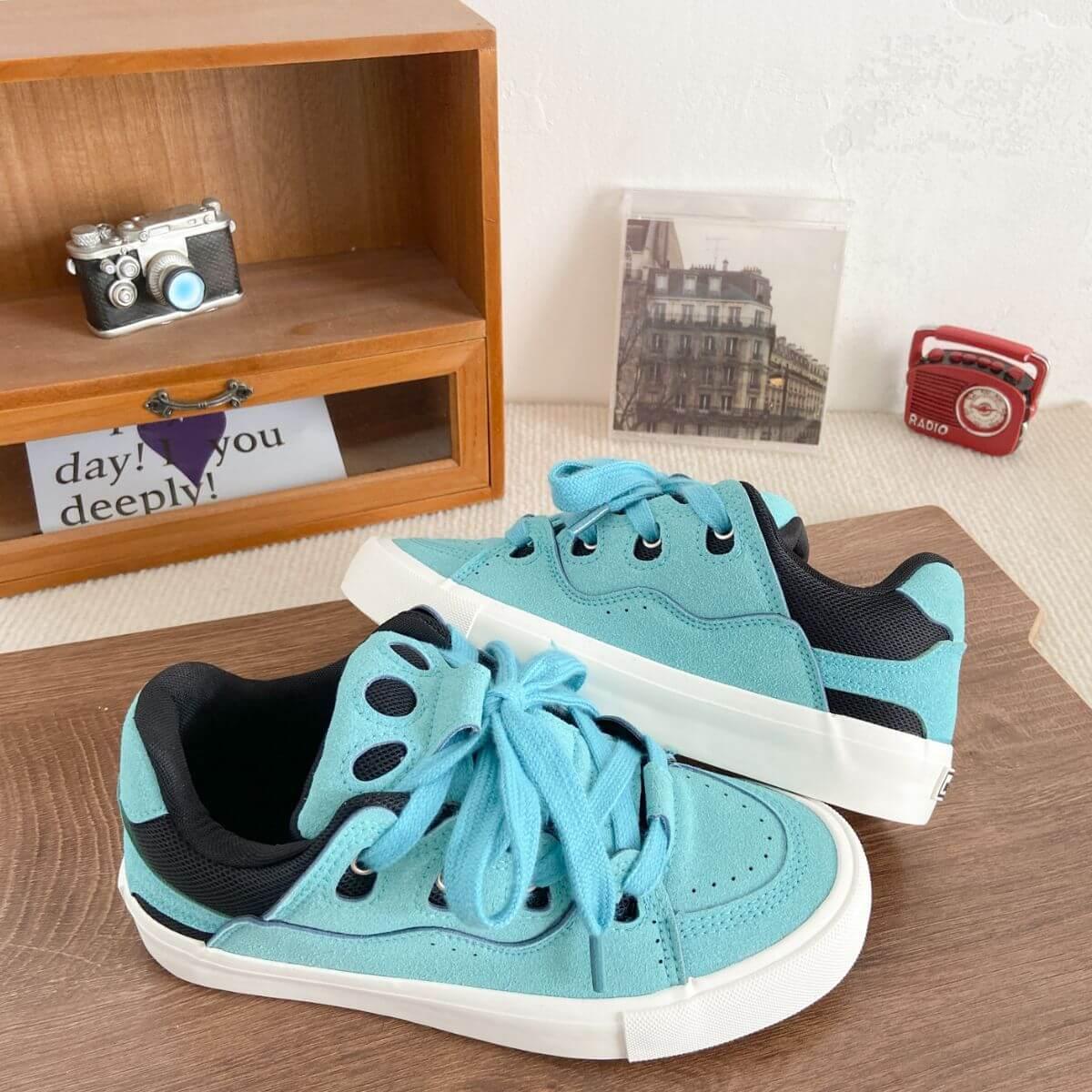Contrast Lace Up Round Toe Flats Sneakers - Clothes For Her Online Store