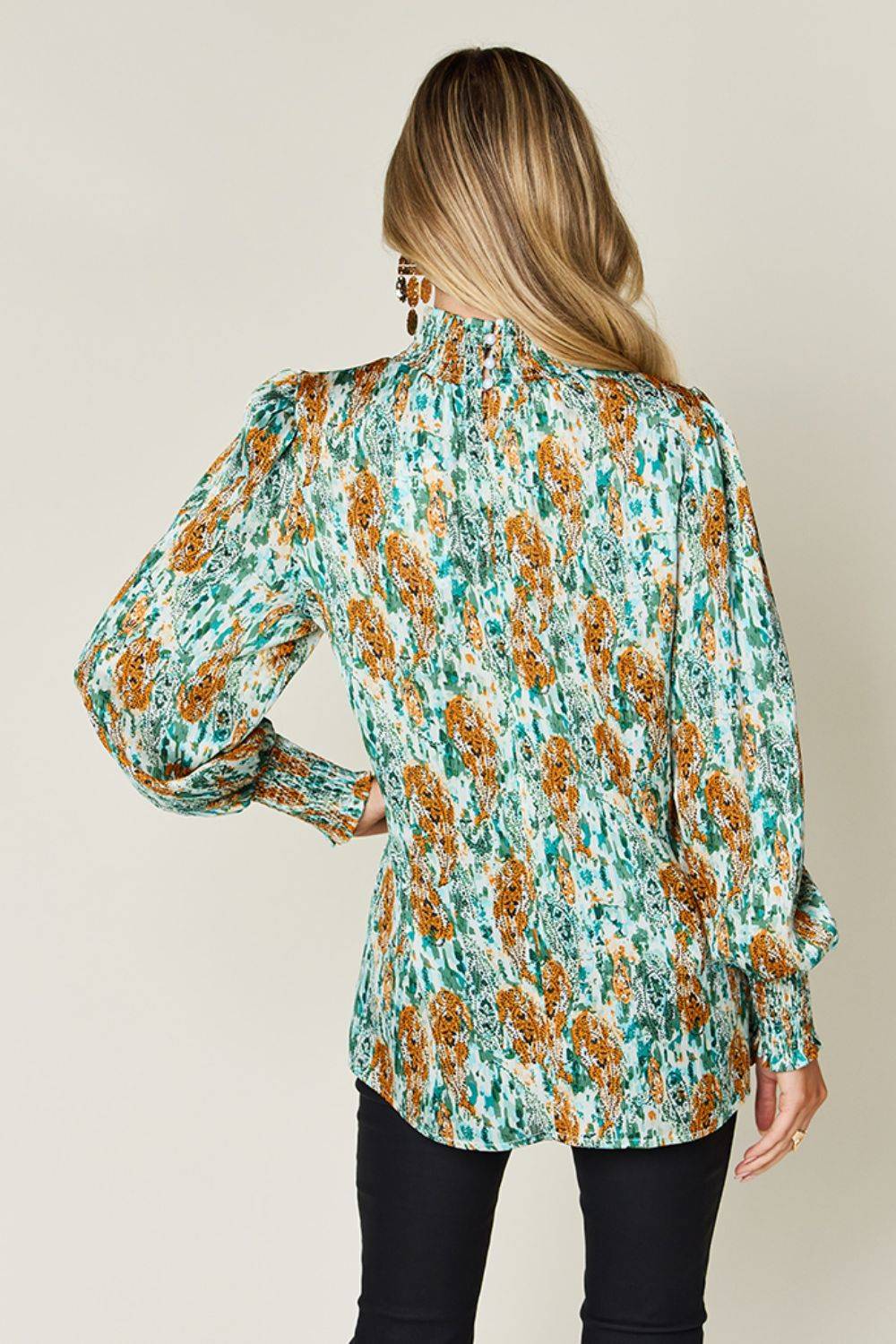 Double Take Full Size Printed Smocked Long Sleeve Blouse - Clothes For Her Online Store