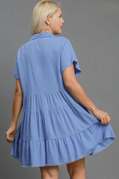 Umgee Full Size Raw Hem Folded Sleeve Tiered Dress Plus Size - Clothes For Her Online Store