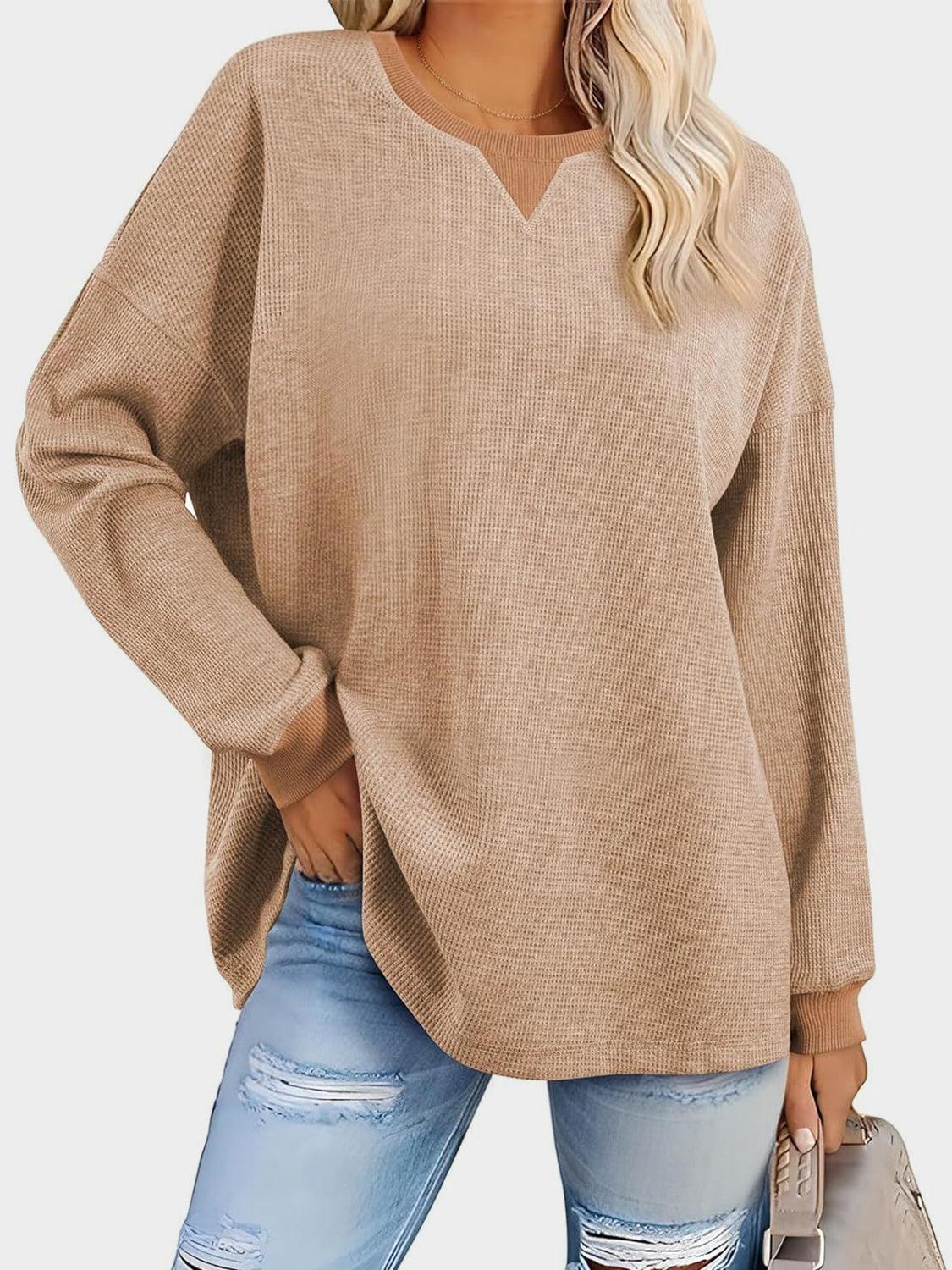 Waffle Knit Round Neck Long Sleeve T-Shirt - Clothes For Her Online Store