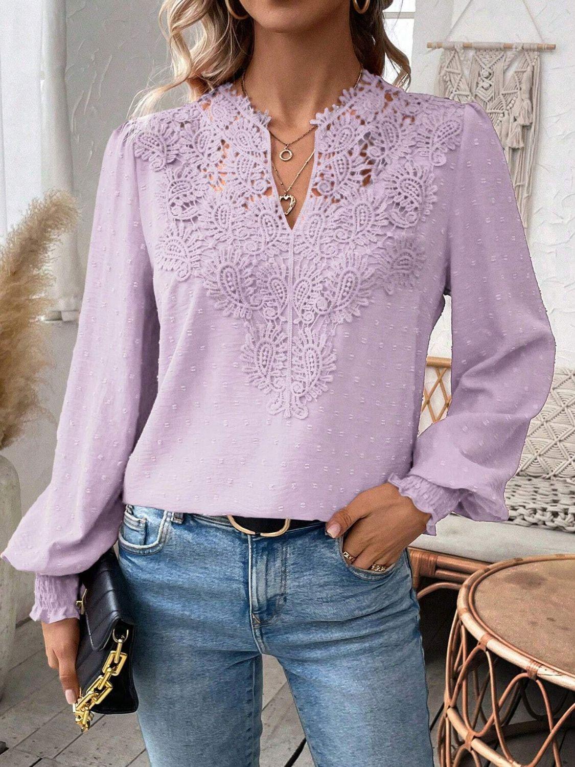 Swiss Dot Lace Detail Notched Long Sleeve Blouse - Clothes For Her Online Store