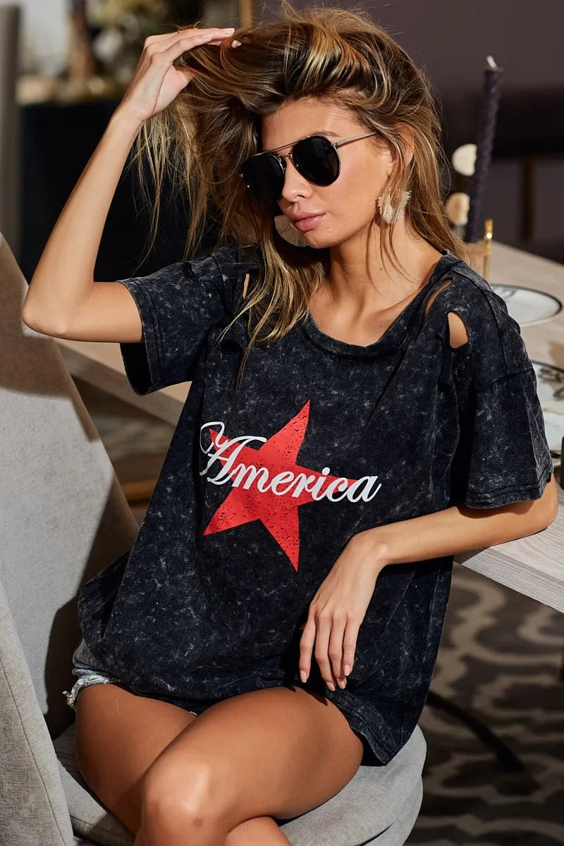 BiBi Laser Cut Mineral Washed Jersey Top with America