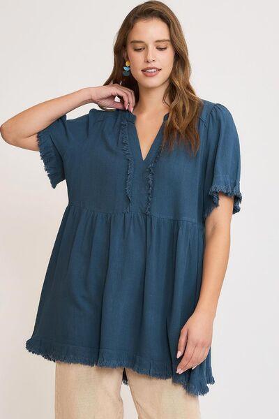 Umgee Full Size Raw Hem Notched Babydoll Linen Blouse Plus Size - Clothes For Her Online Store