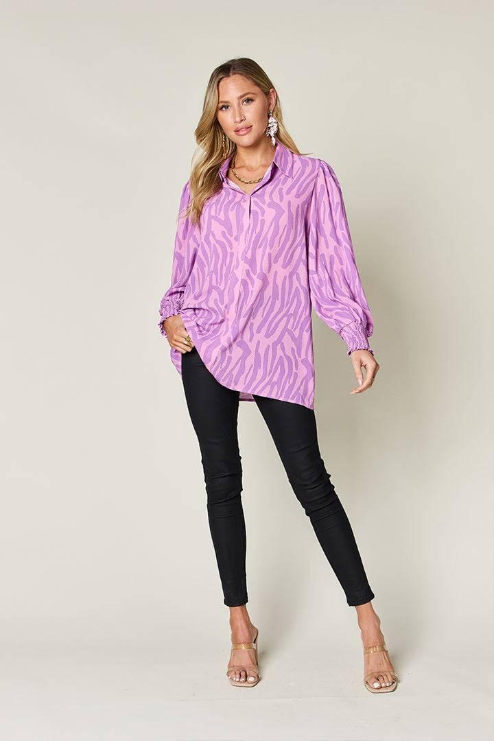 Double Take Full Size Printed Smocked Long Sleeve Blouse - Clothes For Her Online Store