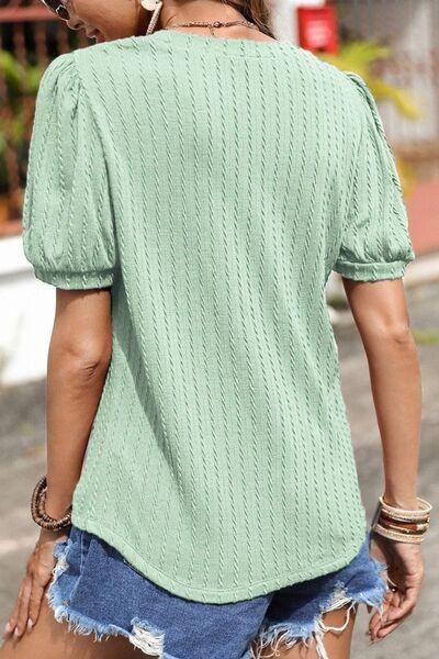 Textured Round Neck Short Puff Sleeve Top - Clothes For Her Online Store