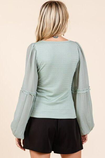 Mittoshop Mixed Media Textured Knit Chiffon Long Sleeve Top - Clothes For Her Online Store