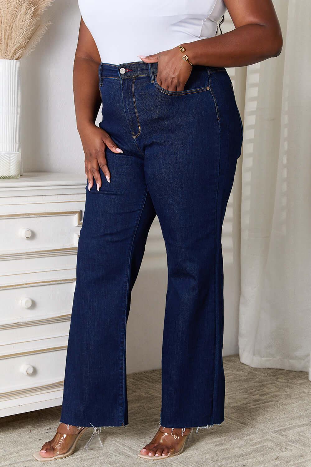 Judy Blue Full Size Raw Hem Straight Leg Jeans with Pockets - Clothes For Her Online Store