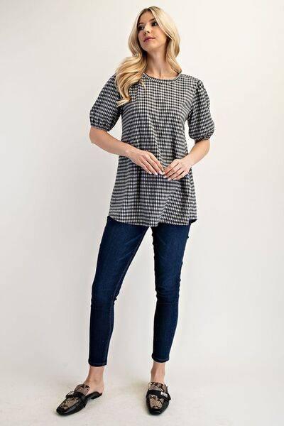 Celeste Full Size Gingham Print Top With Puff Sleeves Plus Size - Clothes For Her Online Store
