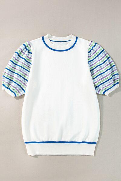Crochet Striped Puff Sleeve Sweater - Clothes For Her Online Store