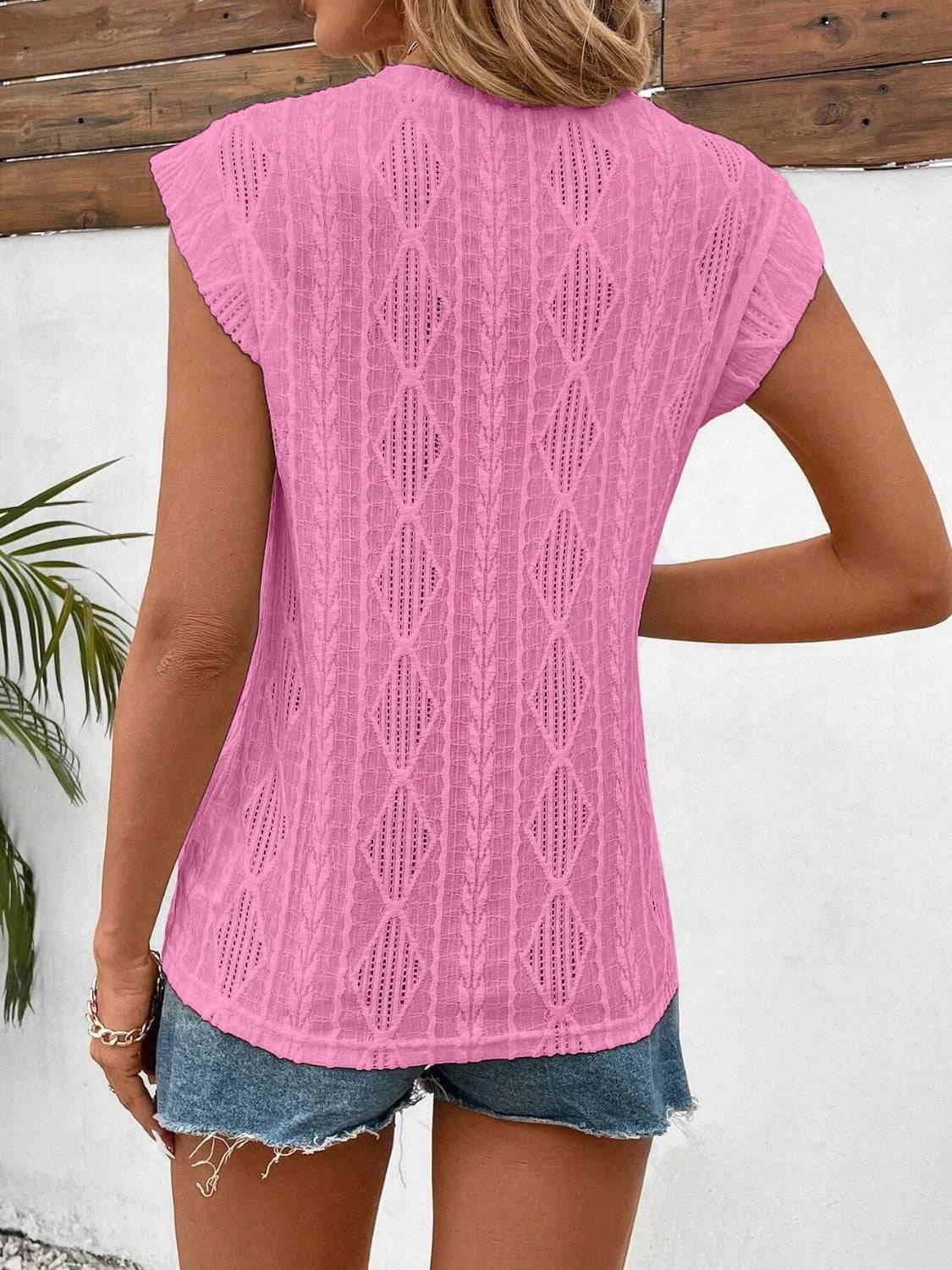 Eyelet Round Neck Cap Sleeve Top - Clothes For Her Online Store